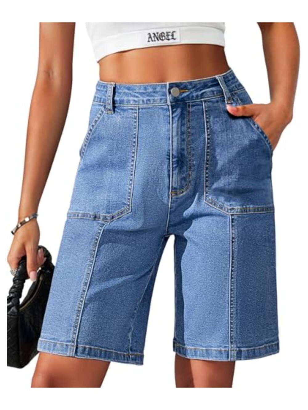 Cotton Blend Bermuda Shorts High Waisted 9 Inch Inseam Baggy Pockets